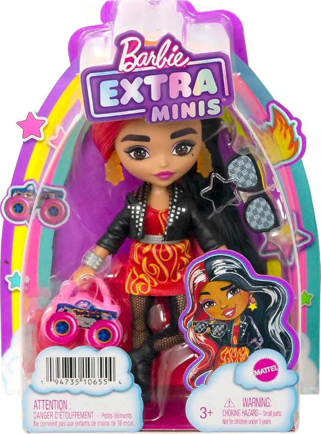 Barbie Extra Minis Doll & Accessories with Red & Black Hair Wearing Flame-Print Dress & Moto Jacket, 5.5-inch