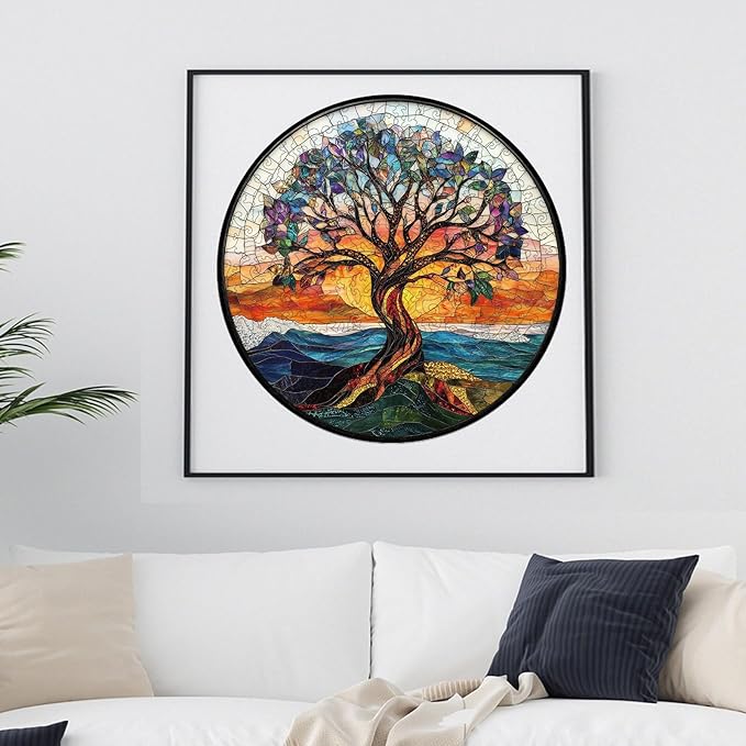 Bodhipnjoy Wooden Puzzles for Adults 500 Pieces, Stained Glass Tree of Life Puzzle, Unique Shape Mosaic Tree Puzzles for Kids, Family Game, Birthday Gifts 16.5 * 16.5 in