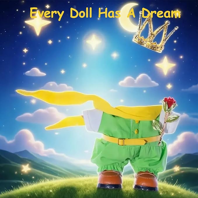 6PCS Princeling Doll Clothes Set for Dolls – Green Suit with Crown, Yellow Scarf, Belt, Shoes & Rose Accessory – Fantasy Costume Outfit – Doll Not Included