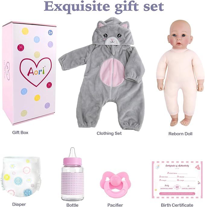 Aori Lifelike Baby Dolls - Realistic 17-Inch Baby Girl with Cute Lightweight Body, Real Life Baby Doll Set with Accessories for 3+ Kids Girls & Collection