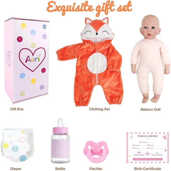 Aori Baby Dolls Lifelike 17 Inches - Realistic Baby Girl Doll Set with Feeding Toy Kit That Look Real, Nice Companion Gift Set for Kids, Grand-Parents, Collection