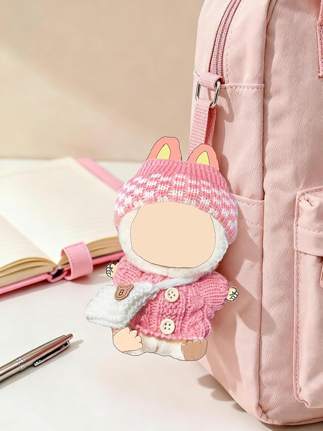 17cm Doll Clothes Set for Lububu, Designer Hand-Crocheted Rose Pink Sweater Outfit with Hat & Crossbody Bag,Cute Ropa Clothing and Accessories for 15cm Have a Seat Series Dolls Girl Dress-Up