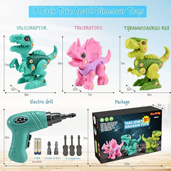 FREE TO FLY Dinosaur Toys for 3 4 5 6 Years Old Girls, Take Apart Dinosaur Learning Toys for Kids 3-5 5-7, STEM Building Construction Set with Electric Drill, Birthday Ideas