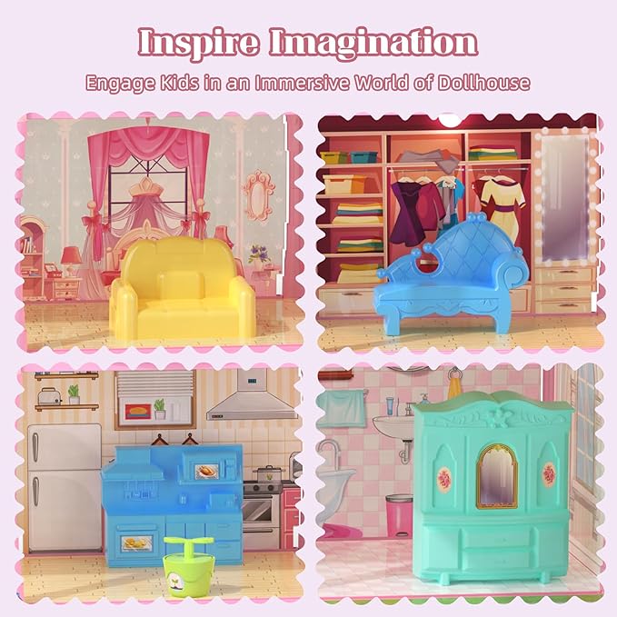 Doll House for Girls with Lights, 3 Dolls, 4 Floors -13 Rooms, 7 Sets of Furniture and Accessories, Design and Build Gift for 3 4 5 6 7 8+ Year Old Girls
