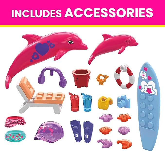 MEGA Barbie Color Reveal Dolphin Exploration Toy Building Set with 10+ Surprises, 2 Micro-Dolls and 2 Dolphins, Toy Gift Set for Girls and Boys, Ages 5 and up