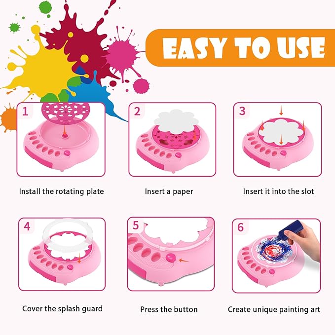 Spin Art Machine for Kids, Paint Spinner Arts and Crafts Kit with 7 Washable Paints & 36 Art Boards, Painting Art Kits for Boys Girls Ages 4 5 6 7 8 9 10 11 12, Birthday Gift Pink