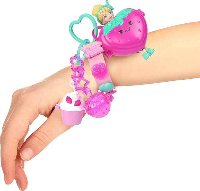 Polly Pocket Dolls & Pets Bracelet Keychain Playset, Fruit Themed Fashion Accessories and Bag Charms, Wearable Compact (Styles May Vary)