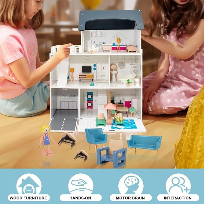 43PCS Wooden Dollhouse Furniture Set 6 Rooms with 5 Family Dolls,Wood and Plastic Dollhouse Accessories, in/Outdoor Scenes Pretend Play Toys Christmas Birthday Gift for Boys Girls & Kids 3Y+