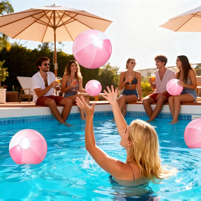 Realspring 12 Pcs Pastel Inflatable Beach Balls Kids Bulk Stripe Jumbo Big Beach Balls Pool Floating Toy for Adult Water Game Baby Shower Birthday Summer Swimming Party (Pink and White,12.5 Inch)