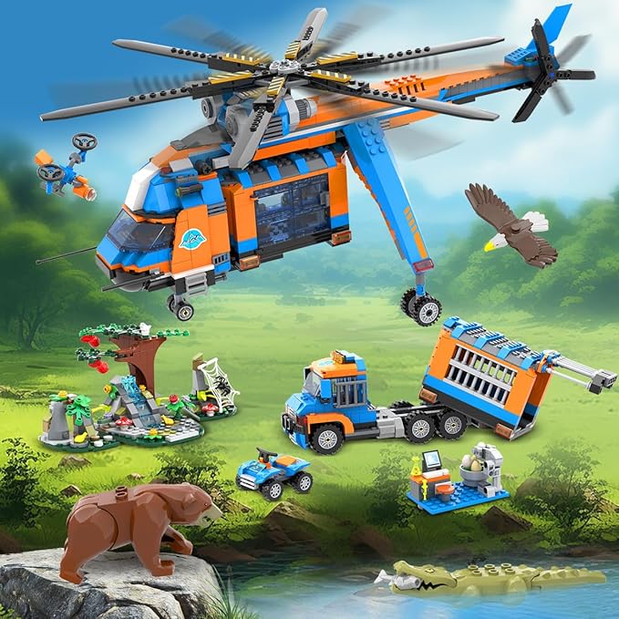 City Jungle Adventurer Helicopter Building Toys - 1356PCS Forest Truck Adventure Building Set with Car Crocodile Brown Bear Wildlife Rescue Blocks Playset Easter Gift for Kids Boys 6+