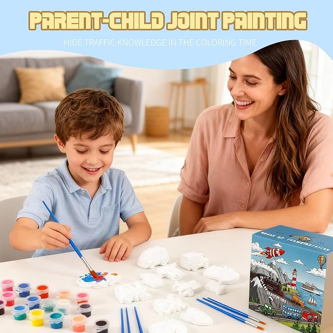 GloomGlo Transportation Theme Kids Paint Kit - White Plaster Vehicles with Complete Paint Set, Brushes & Palettes | Educational Arts Crafts Supplies
