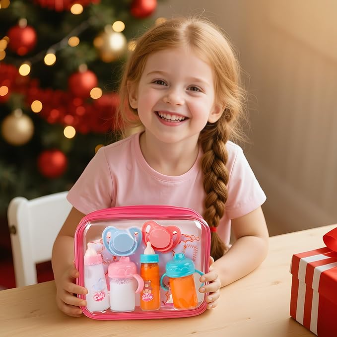 BABESIDE Baby Doll Accessories – 9 Pcs Feeding Set with Magic Bottles, Pacifiers, Bibs, Diapers & Carry Bag, Pretend Play Kit for 12–15 Inch Dolls