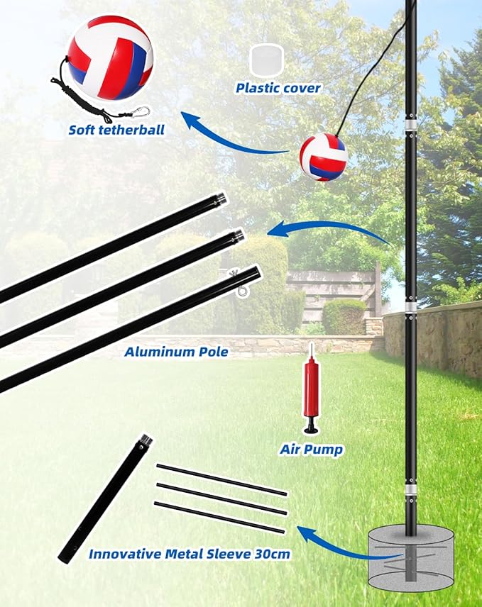 Outdoor Tetherball Game Set for Whole Family - Rust-Resistant Aluminum Poles, 11Ft Adjustable Height, Diameter 1.2Inch Stable Design with Complete Accessories & DIY Concrete Base
