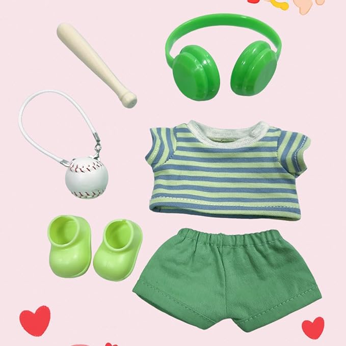 15cm/17cm Doll Outfit Suitable for Labubu Clothes –Sports Wear Outfits Gym Dolls Accessories for Dressing Up (No Doll Included) (D-Green Stripe Baseball Suit 6-Piece Sets)