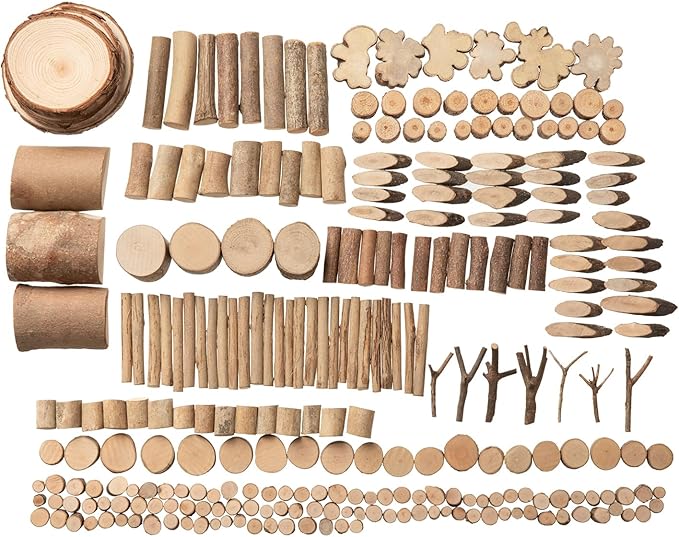 LAZACA Arts and Crafts Kit Wooden Creativity Painting Set for Kids, DIY Loose Part Play Projects Parties Camping Homeschool Supplies, Unfinished Natural Wood Slices Sticks Set for 5+ Size-21X17X4cm