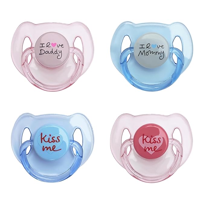 Magnetic Pacifier Set 4 Pieces Pink Blue Style Reborn Baby Dolls Feeding Toy Accessories Suitable for Kids Gifts (Pink Kissme+Blue Kissme+Pink ILoveDaddy+Blue ILoveMommy)