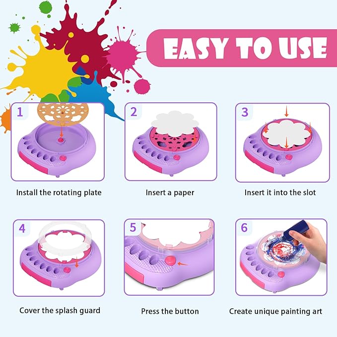 Spin Art Machine for Kids, Paint Spinner Arts and Crafts Kit with 7 Washable Paints & 36 Art Boards, Painting Art Kits for Boys Girls Ages 4 5 6 7 8 9 10 11 12, Birthday Gift Purple