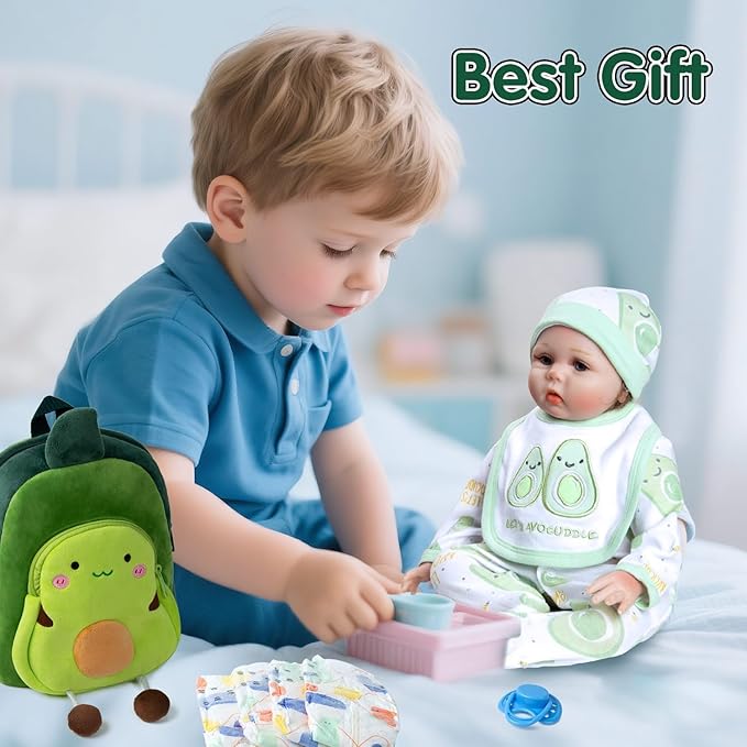 13 Pcs Reborn Baby Doll Clothes Boy Green Outfits Accessories for 17-22 Inch Reborn Doll Clothes Newborn Baby Accessories Set with Avocado Backpack