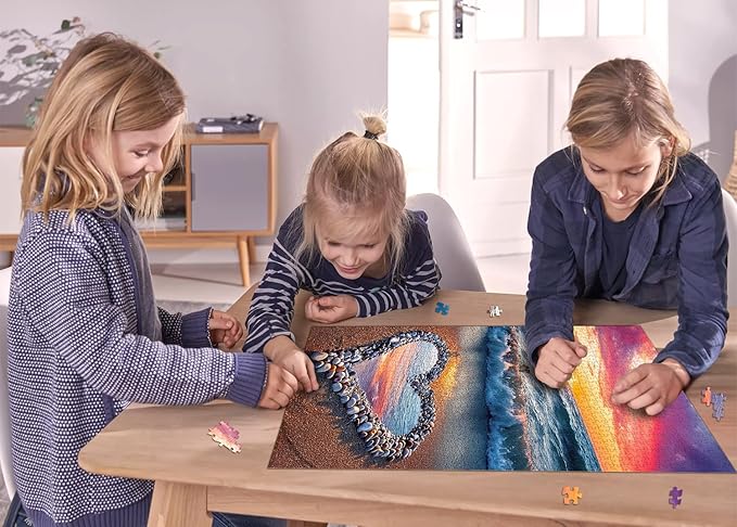 Beach Puzzles for Adults 1000 Pieces, Ocean Sunset Heart Jigsaw Puzzle, Colorful Marine Love Puzzle