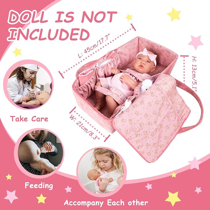 Rakki Dolli Doll Carrier Doll Carry Cot Doll Carry Crib Set with Feeding Utensils Feeding & Changing Accessaries 7 Pieces Set, Fits for 16-18 Inch American Girl Dolls