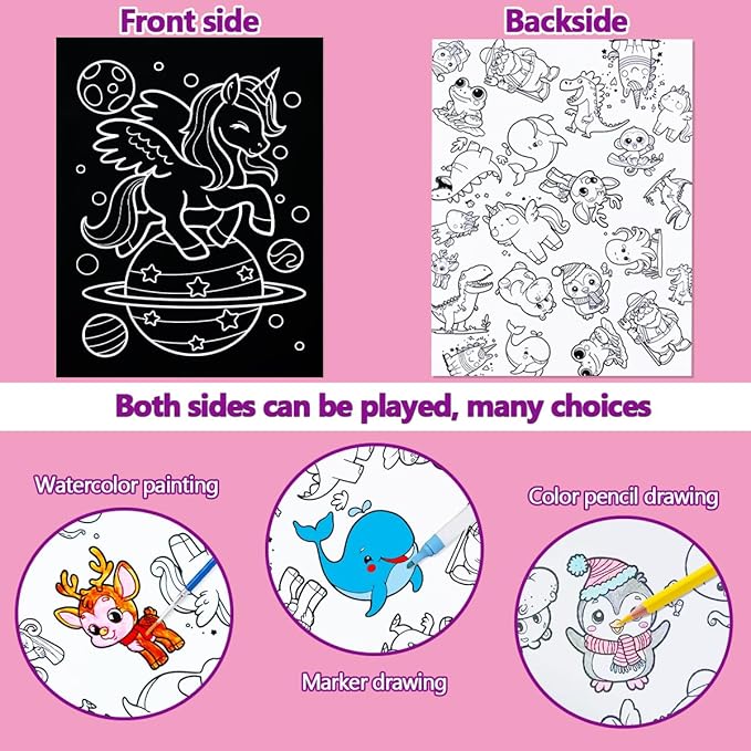 JUNQIU Scratch Art for Kids, Rainbow Scratch Paper Art Set - Unicorn, Arts and Crafts for Girls Boys Ages 4-8, Kid Activity & Christmas Crafts, Stocking Stuffers for Kids