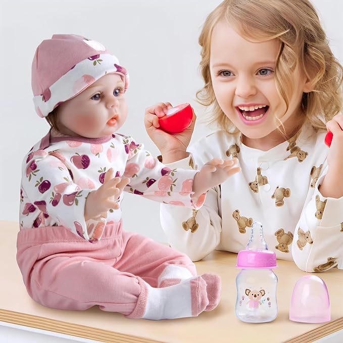 9 Pcs Reborn Baby Doll Accessories Pink Clothing Set with Bassinet for 17-22 Inch Reborn Baby Dolls Clothes Girl Cute Apple Patterns