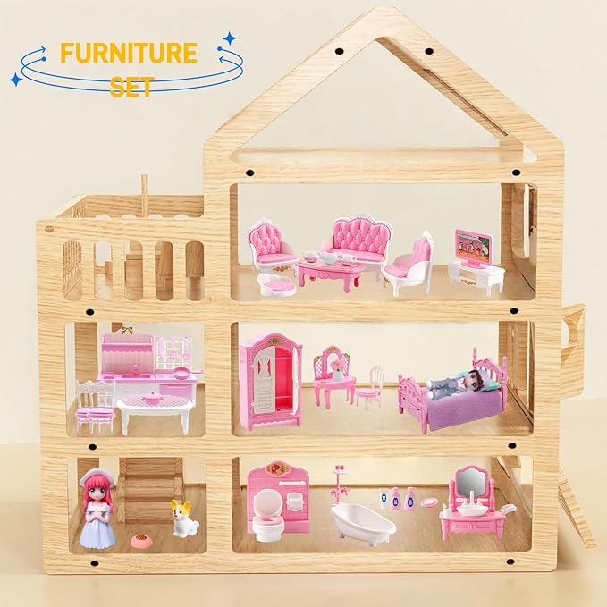 Princess Dollhouse Furniture Set, 48 Piece Luxury Miniature Accessories Collection with Living Room, Bathroom, Bedroom,Kitchen, TV Entertainment Set (Pink)