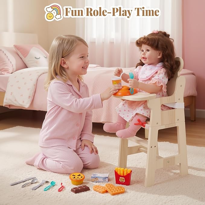 BABESIDE Wooden Baby Doll High Chair Set for 15-20 Inch Dolls Furniture, Babydoll High Chair with Adjustable Tray, Safe Straps and Baby Doll Accessories for Kids Pretend Play Toys