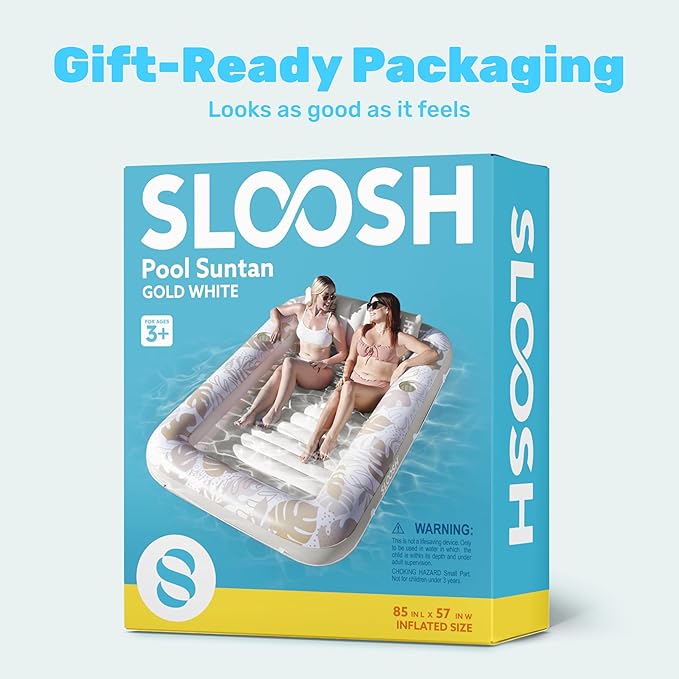 SLOOSH Inflatable Tanning Pool Lounger Float, 85" x 57" Extra Large Pool Floats Adult with Pillow, 4 in 1 Suntan Tub Raft Floatie,Sunbathing Bed Lounge for Water Blow Up Ball Pit, XL-Golden White