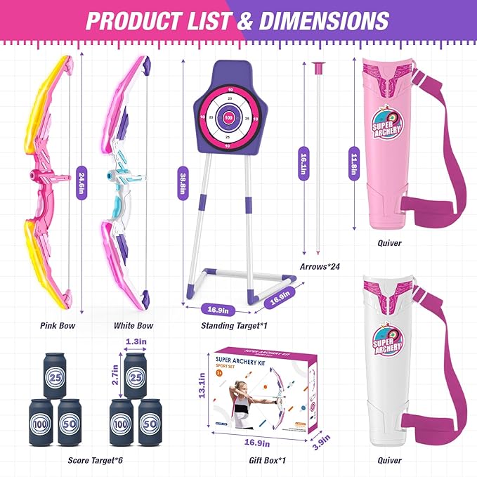 2 Pack Bow and Arrow for Kids 4-6, LED Light Up Archery Set with 24 Suction Cup Arrows, 1 Standing Target, 6 Score Targets & 2 Quiver, Indoor Outdoor Sport for Girls Ages 8-12
