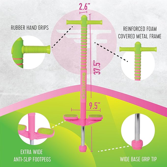 Flybar Maverick 2.0 Foam Pogo Stick for Kids Ages 5 and Up, 40 to 80 Pounds, Outdoor Kids Toys, Pogo Stick for Boys and Girls, Rubber Grip, By The Original Pogo Stick Company (Pink/Green)