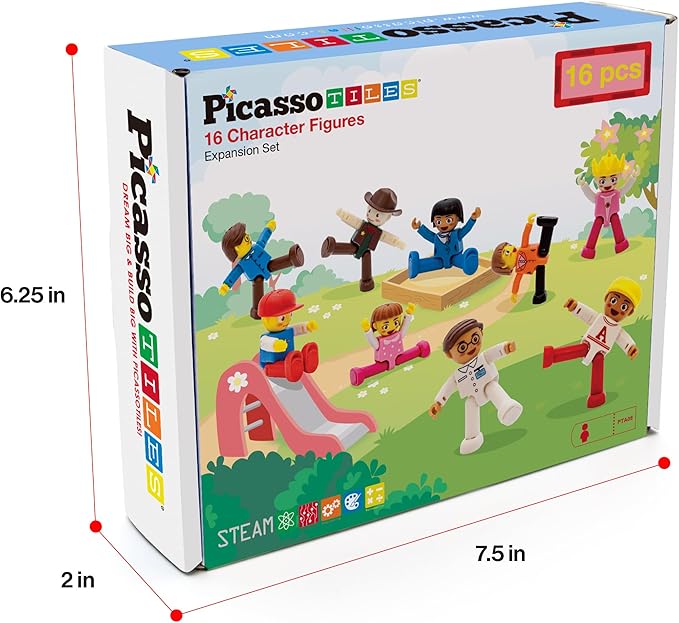 PicassoTiles 16pc Magnetic Character Figures Expansion Set Toddler Style People Compatible with Magnet Tile Building Set STEM Educational Construction Toy for Kids Pretend Play Creative Learning PTA08