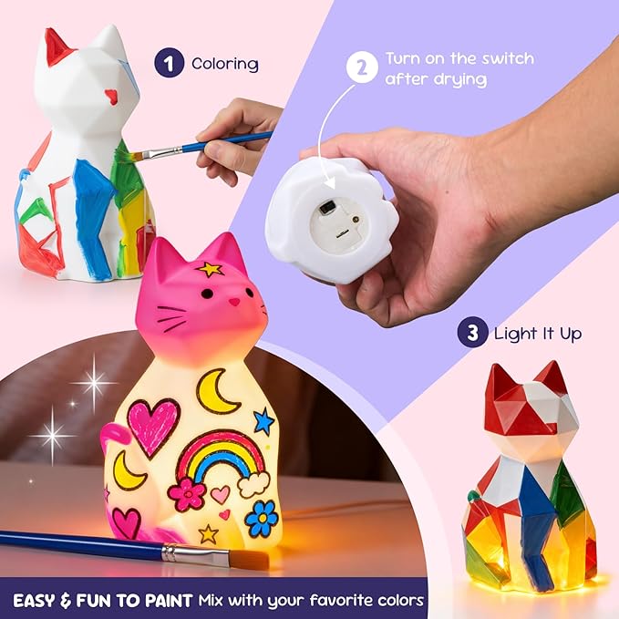2Pcs Paint Your Own Cat Lamp Kit,DIY Cat Crafts Night Light,Art Supplies Painting Kits for Kids Age 4 5 6 7 8 9 10 11 12+, Creative Birthday Easter Halloween Christmas Gifts for Girls Boys