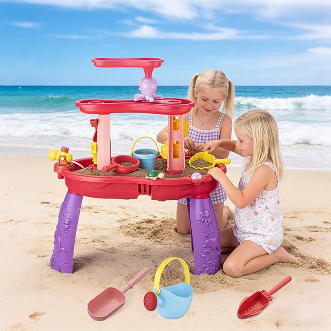 Water Table for Toddlers 3-5 Outdoor Toys for Kids Ages 4-8 3-Tier Kids Sand Water Table with Fishing Game Set Activity Sensory Table Summer Gift Beach Outside Toys for Toddler Girl