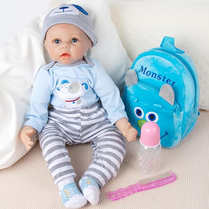 PEDOLLTREE 8 Pcs Reborn Baby Boy Doll Clothes Accessories Blue Puppy Set with Backpack Diaper for 17-22 Inch Reborn Doll Newborn Baby Boy