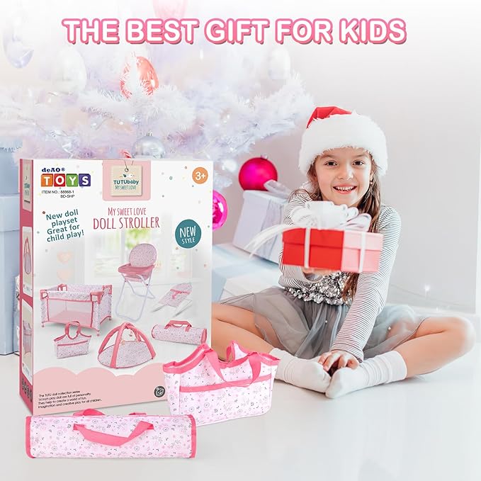 deAO Baby Doll Accessories12-14 Doll Playset with High Chair Crib Bed Play Mat Storage Bag Handbag - 6 in 1 Pink Dolls Playset with Furniture Gifts for Girls