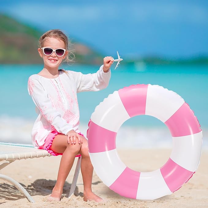 Whaline 4Pcs Inflatable Swimming Float Toy Striped Swim Ring Fun Print Pool Lounger Tube for Summer Swimming Beach Party