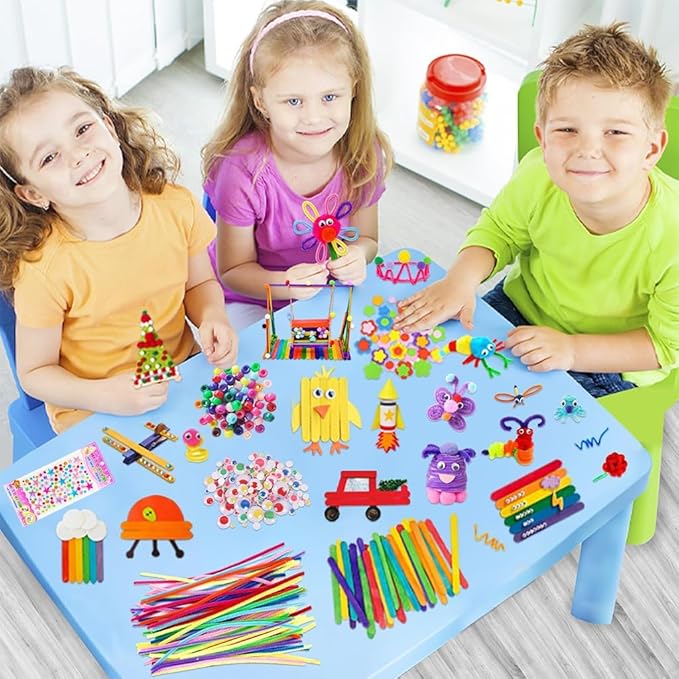 Craft Kids Art Supply Set, with Foam Pom Poms, Craft Sticks, Artificial Roses, Googly Eyes, Rainbow Colors, Perfect for Children Activities and DIY Projects