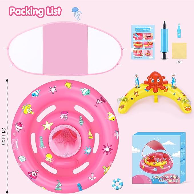 Baby Pool Float with Canopy, Inflatable Baby Swim Float with UPF50+ Sun Protection, Toddler Infant Pool Float with Toy Play Console Adjustable Safety Seat for Kids Girls Boys Aged 6-36 Months, Pink