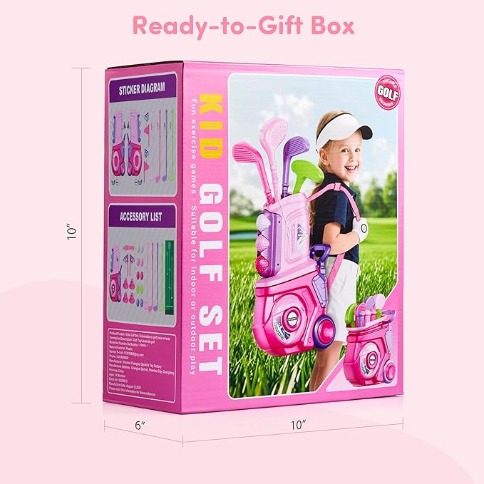 PJG Toddler Golf Set with Mat, Plastic Kids Golf Clubs Ages 1 2 3 4 5 Years Old with 4 Golf Clubs and 10 Balls, Toddler Golf Toys with Cart for Boys and Girls Birthday (Pink)