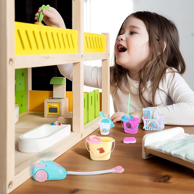 22 Pieces Miniature Bucket Doll Housework Cleaning Supplies Mini Dollhouse Accessories Mop Dustpan, Brush, Broom, Bucket Dollhouse Furniture Decoration Accessories for Dolls Pretend Play, Random Color