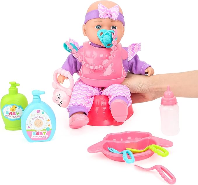 deAO Kids Baby Doll Stroller Nursery Role Play Set with a Variety of Feeding Toy and Play Mat Travel Cot Baby Carrier Stroller and Travel Bag