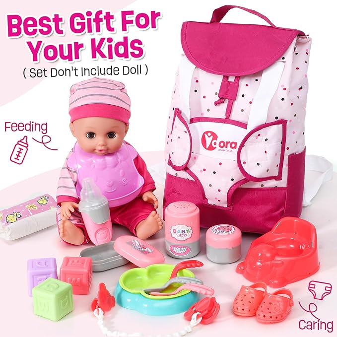 TUZT Baby Doll Accessories Playset, Baby Doll Care Toys with Changing Bag Backpack Feeding Set Doll Nappies Bottle Bath, Birthday Toys for Kids Girls (Doll Not Included)