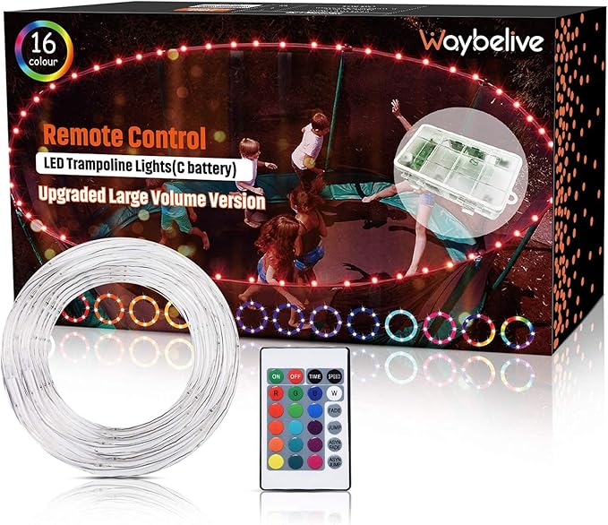 【Upgraded Large Volume&Longer Version】LED Trampoline Lights, Remote Control Trampoline Rim LED Light for 15Ft Trampoline, C Battery Box, 16 Color Change, Waterproof,Bright to Play at Night Outdoors