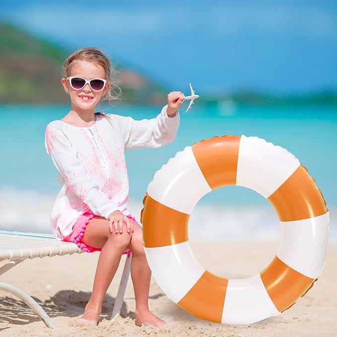 Whaline 4Pcs Inflatable Swimming Float Toy Striped Swim Ring Fun Print Pool Lounger Tube for Summer Swimming Beach Party
