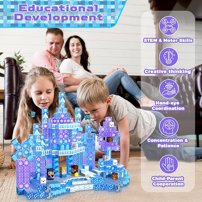 Magnetic Blocks - 100Pcs 0.8in Magnetic Building Block for Kids Ages 4-8, Transparent Magnet Block Blue Princess Castle, Magnet Cubes Tiles Princess Toy for Girl 3 4 5 6 7 8-12 Easter Birthday Gift