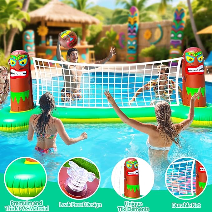 Large Inflatable Luau Tiki Pool Games Volleyball Net Pool Float Set with 9" Beach Ball, Floating Swimming Water Sports Game Toy for Adults, Summer Luau Tropical Hawaiian Party Supplies