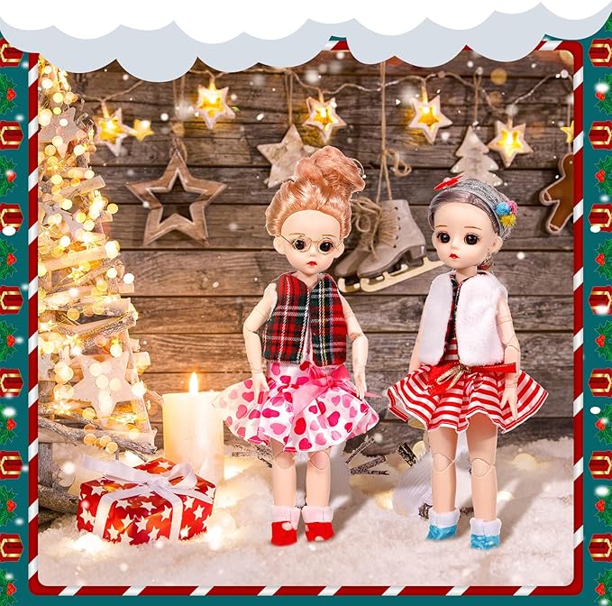 Sumind 14 Pieces Christmas Doll on Clothes Accessories Outfits Set Including Skirts, Bathrobe, Sleeping Bag, Fluffy Vest, Shirt, Scarf, Eye Cover and Boots for Xmas Doll Decor(Stylish Style)