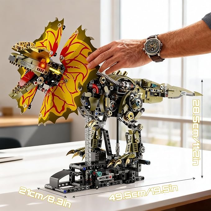1277 Pcs Mechanical Dilophosaurus Building Blocks Set Steampunk Dinosaur Model with LED Eyes and Manual Linkage Robot STEM Display Gift for Adults& Teens