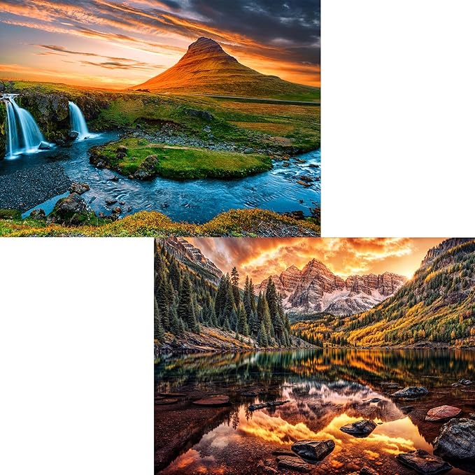 Jigsaw Puzzles for Adults,2 Pack Puzzles for Adults 1000 Pieces,Sunset Over Kirkjufell in Iceland & Maroon Bells, Nature Jigsaw Puzzles 1000 Pieces and up, for Women & Men